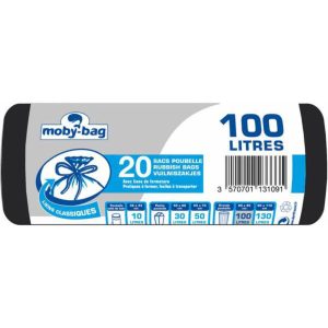 Lot de 20 sacs poubelle de 100L en rouleau – Noir Moby-Bag