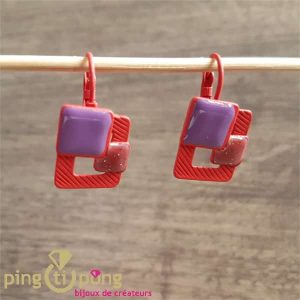 Boucles d’oreilles vintage rouge et émail violet