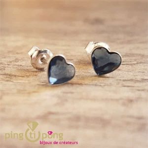 Boucles d’oreilles Spark puces coeur en argent et cristal bleu topaze