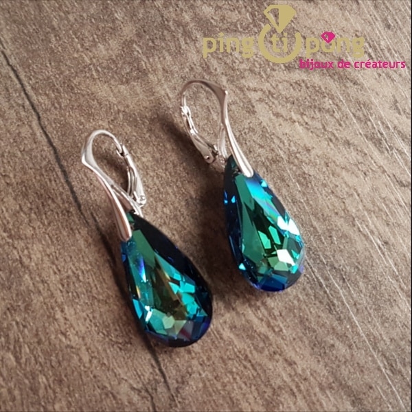Boucles d’oreilles « LARME » en argent et cristal de Swarovski® bleu turquoise de SPARK